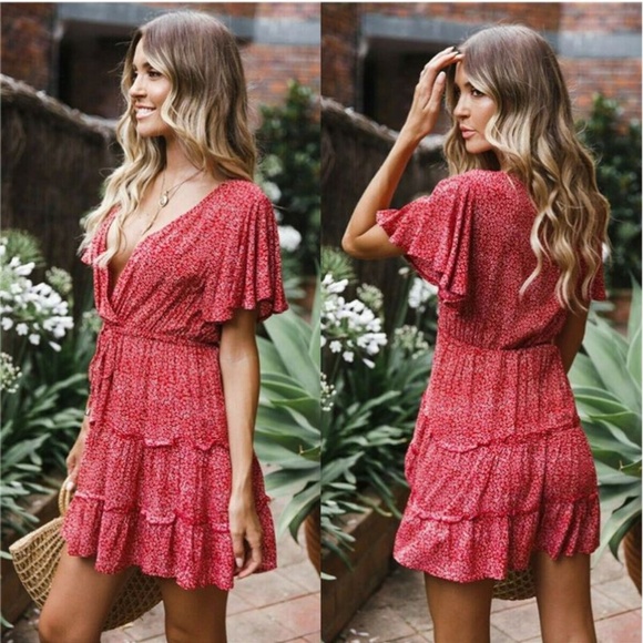 M LEFT - Flutter Sleeve Faux Wrap Mini Dress - Picture 2 of 6